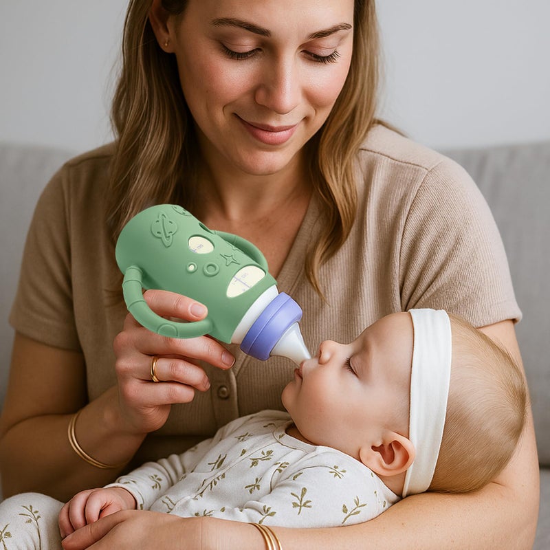 بوسوها BUSOHA 3 عبوات من أكمام السيليكون لزجاجات Lansinoh الزجاجية - أكمام زجاجات أطفال برقبة واسعة لزجاجات Lansinoh حامل زجاجة مضاد للمغص مع مقبض واقي سيليكون مضاد للكسر، 5 أونصة - Image 5